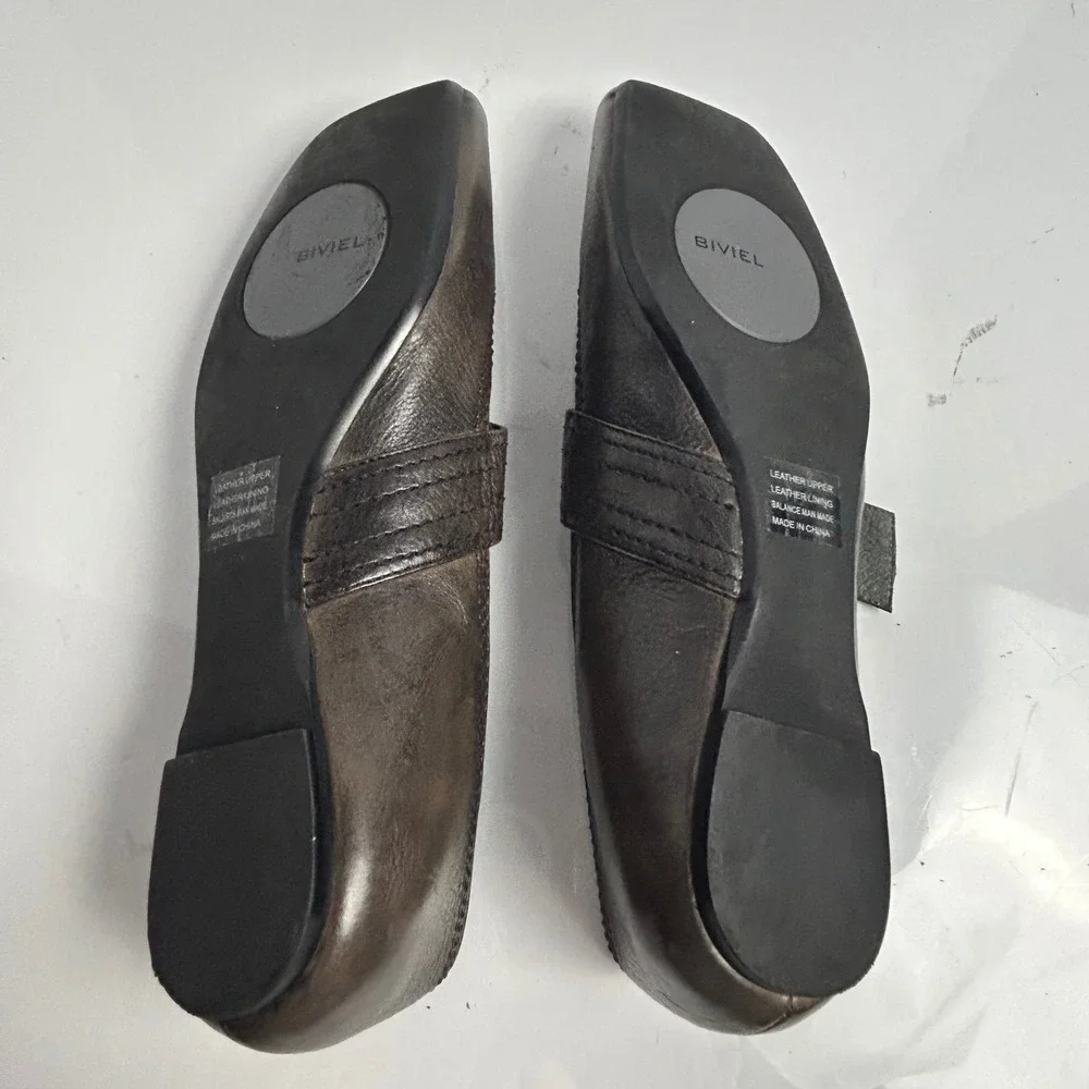 Biviel Dark Brown Leather Square Toe Mary Jane Buckle Flats Womens 39 EU